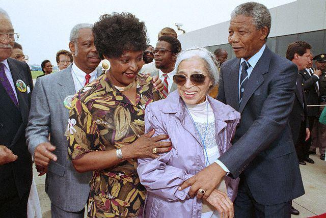 Rosa Parks greets Nelson and Winnie Mandela after his release from prison in 1990