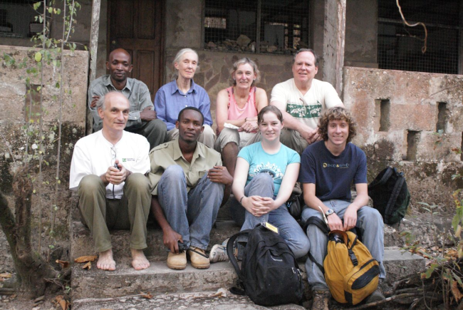 Nancy Merrick and family with Jane Goodall and other researchers in Tanzania, 2008