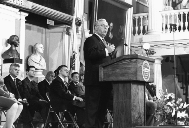 Boston’s first Italian American mayor, Thomas M. Menino, addresses a crowd at Faneuil Hall. (Courtesy of Pam Donnaruma and the Post-Gazette)