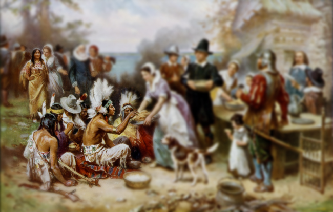 The First Thanksgiving 1621, oil on canvas by Jean Leon Gerome Ferris (1899) (Image altered)