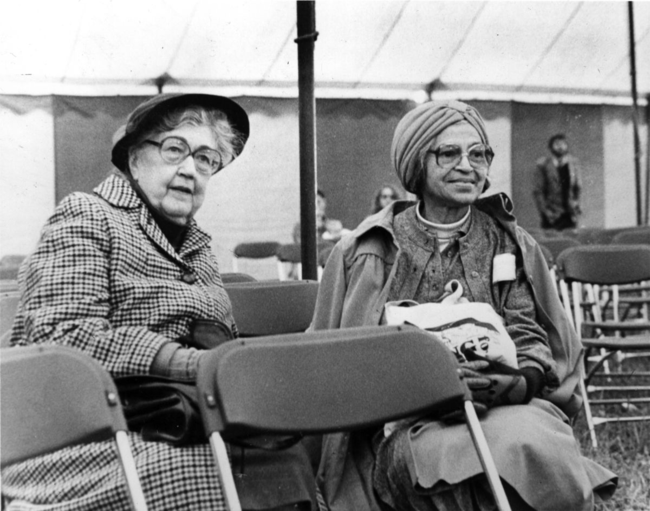 Montgomery comrades Rosa Parks and Virginia Durr come together in South Hadley, Massachusetts, 1981.