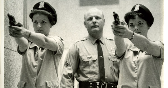 Indianapolis officers Elizabeth Robinson and Betty Blankenship at the shooting range. They were the nation’s first women assigned to car patrol.