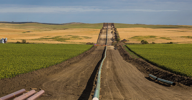 The DAPL (Dakota Access Pipeline) being installed between farms, as seen from 50th Avenue in New Salem, North Dakota.