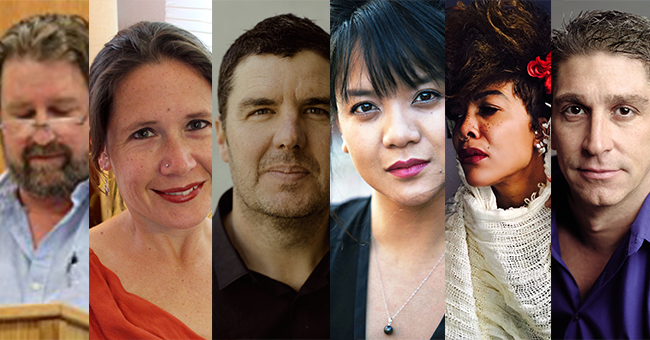 Beacon Press Poets from left to right: Brian Clements, Alexandra Teague, Dean Rader, Sasha Pimentel, Dominique Christina, Richard Blanco