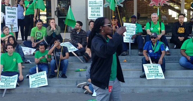 Jovanka Beckles with campus workers at UC-Berkeley