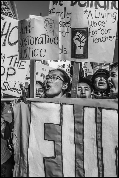 Teachers and community members support one of the strike's demands—funding the district's restorative justice program, an alternative to traditional school discipline.
