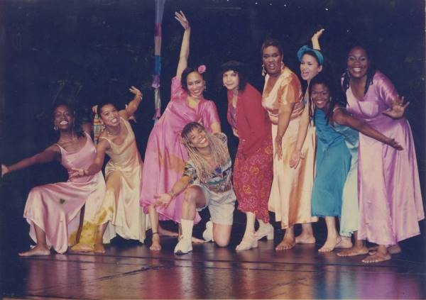 Ntozake Shange with a cast of for colored girls