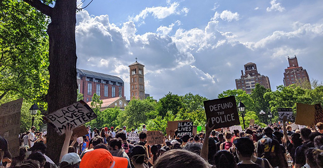 Black Lives Matter/Defund the Police rally in Washington Square Village, NY, 6 June 2020.