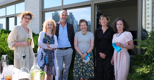 Celebrating Helene Atwan’s retirement party in New York, NY. L to R: Amy Caldwell, Helene, Michael Reynolds (Europa Editions), Elinor Lipman, Pamela MacColl, Bridget Marmion